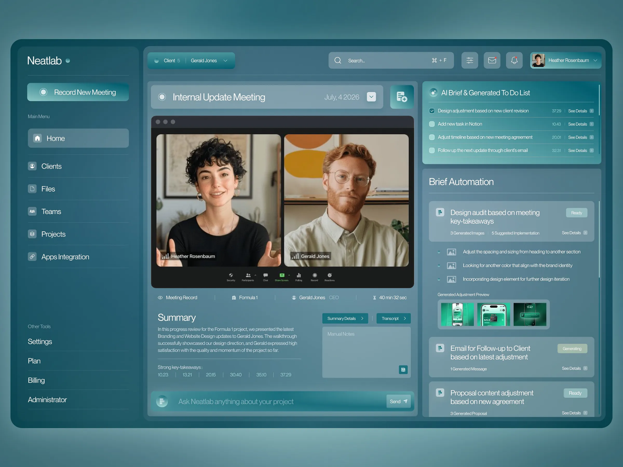 Neatlab concept interface with a meeting recording, AI-generated tasks, meeting summary, and automated briefs
